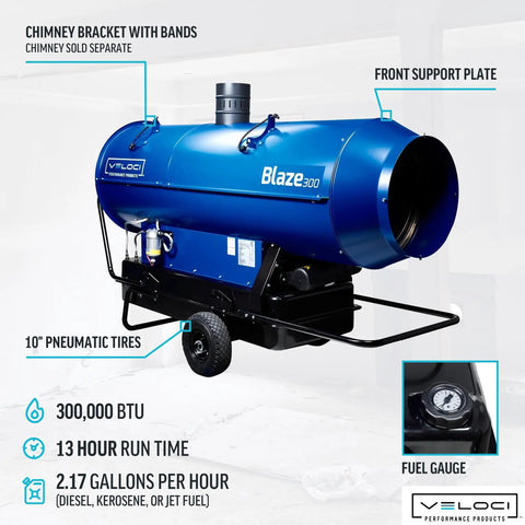 Heavy Duty Mobile Indirect Diesel Air Heater Dropping Serious Heat For Job Sites And Contractor Crews With Straight Up Reliable Commercial Fuel Warming Setup For Quick Site Thawing, showing Blaze 300 model with pneumatic tires and fuel gauge.