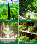 Aquarium, pond, fountain, and hydroponics setups with plants, illustrating uses for 2-Pack 550GPH Submersible Pump 30W Ultra Quiet Fountain Water Pump 2000LPH with 7.2 Ft Lift and 3 Nozzles for Aquarium, Fish Tank, Pond, Hydroponics, Statuary.