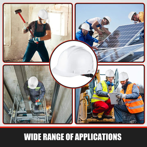 10 Pack Suspension Hard Hats With Ratchet Cap Style And Self Adjusting Crown Straps, Adjustable 550 To 650 Millimeter Fit, Unisex White Construction Safety Helmets For Men And Women, Built For The Job Site used by workers in various job site settings.