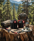 190 Piece Survival Gear And Medical Kit for outdoor adventures on a tree stump, includes MOLLE pouch and tools