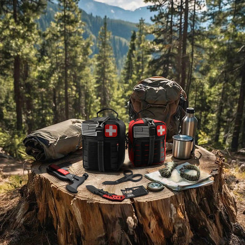 190 Piece Survival Gear And Medical Kit for outdoor adventures on a tree stump, includes MOLLE pouch and tools