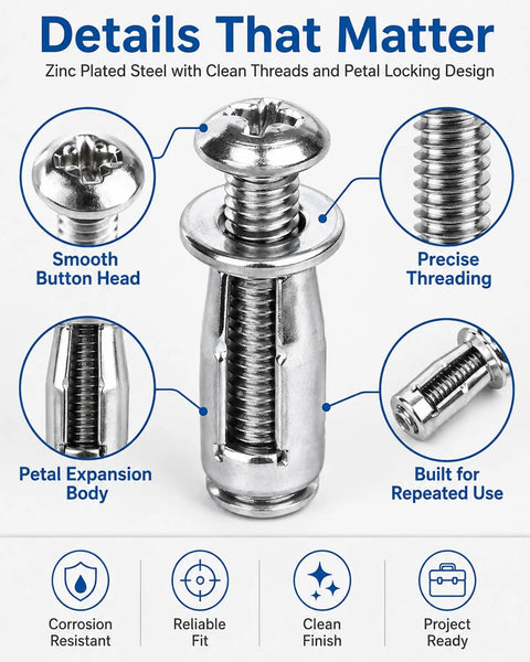 Kickstart Your Shop Grind With This Tough Button Rivet Locking Nut Assortment Featuring Solid Zinc Plated Steel Petal Expanding Fasteners For Zero Drama Furniture And Panel Fixes Using M4 M5 M6 Threads, detailed view of a zinc plated steel button rivet.