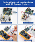 Beginner Friendly Arduino Uno R3 Lab Starter Kit With Multimeter showing various electronic projects.