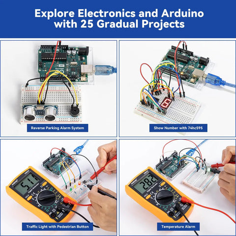 Beginner Friendly Arduino Uno R3 Lab Starter Kit With Multimeter showing various electronic projects.