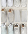 Hassle Free Over The Door Hanging Shoe Organizer Featuring Twenty Four Breathable Mesh Pockets For Sneakers Fresh Kicks And Sandals, showcasing 24 shoes in light grey mesh.