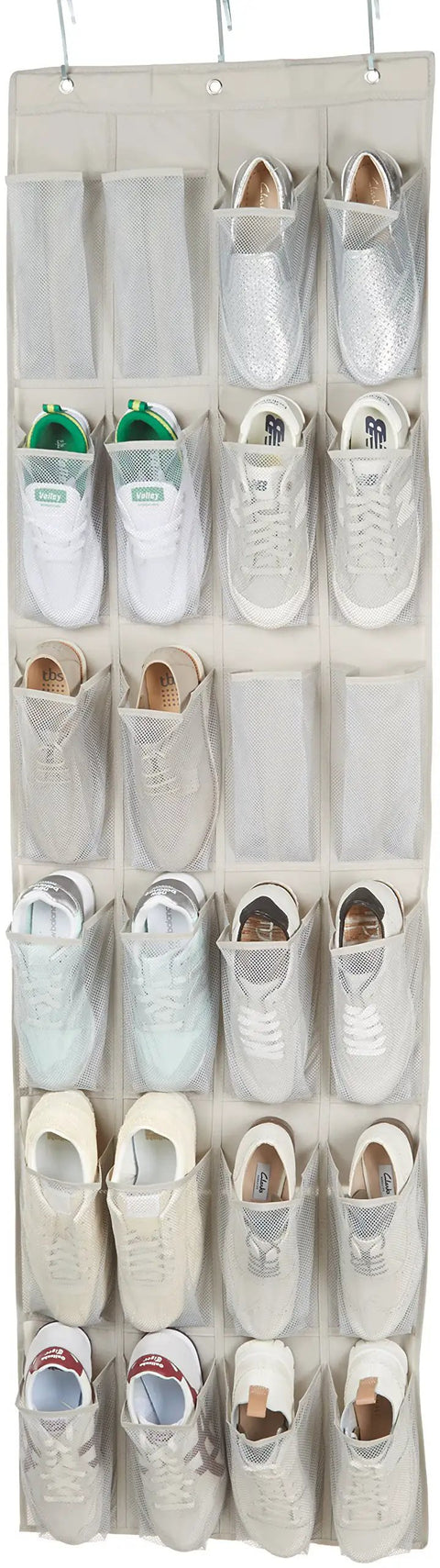 Hassle Free Over The Door Hanging Shoe Organizer Featuring Twenty Four Breathable Mesh Pockets For Sneakers Fresh Kicks And Sandals, showcasing 24 shoes in light grey mesh.