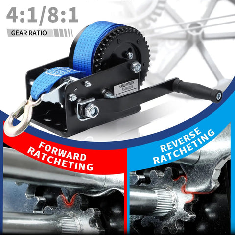 Close-up of Beefy Heavy Duty Hand Winch for Boat Trailers 3500 Lbs With 33 Ft Polyester Strap Two Way Ratchet Easy Crank Winch showing gear mechanism.