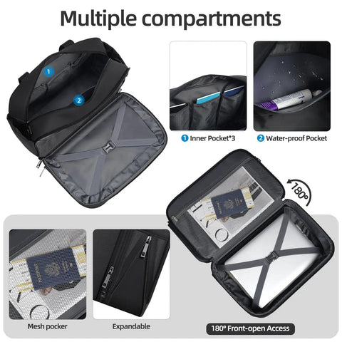 Go-To Carry On Luggage Duffel Bag For Travel, Weekender Tote Underseat 25L to 35L showing multiple compartments and mesh pocket