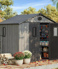 8x6 Ft Resin Storage Shed With Floor For Backyard And Outdoors, built to last durable plastic tool shed, grey, in garden setting