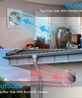 Ten Inch Industrial Exhaust Fan With 988 CFM For Garage And Greenhouse Plug In Power Cord And Switch Beefy Airflow For Shop Ventilation To Remove Smoke Odors And Fumes Silver, installed indoors and outdoors showing airflow directions