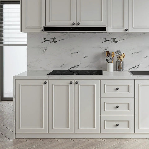 18 Pack Matte Black Cabinet Knobs And Drawer Pulls, 30mm Diameter, installed on white kitchen cabinets and drawers