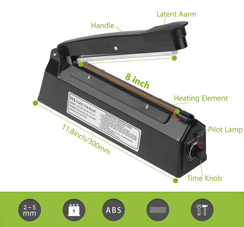 8 Inch Impulse Heat Sealer Manual Poly Bag Sealing Machine Quick Seal For Plastic Bags PE And PP Black Portable