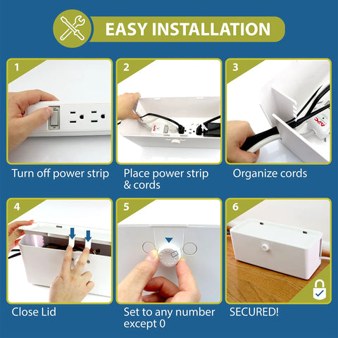 Installation steps for Kid Safe Power Strip Cover With Dual Lock And Side Openings For Cords, Large 13.3 Inch Box.