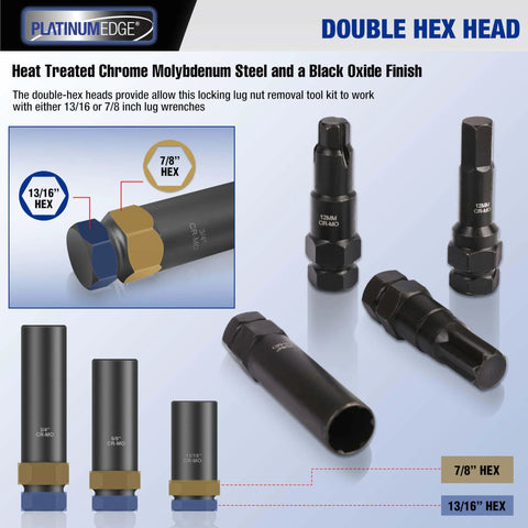 Lug Nut Key Set 16 Piece SAE And Metric Wheel Lock Removal Tool Kit In CrMo Steel with Double Hex Heads and Black Oxide Finish.