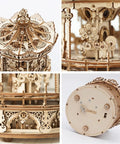 3D Wooden Puzzle Music Box Kit Mechanical MerryGoRound Model Build For Teens And Adults Wind Up Carousel Waltz Tunes Exquisite Display Piece For Family Rooms Totally Fun DIY Gift Idea, wooden carousel close-up