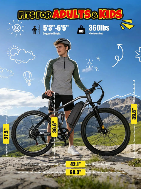 All Terrain Electric Mountain Bike For Adults With Full Suspension 1500W Peak Brushless Motor 31MPH 48V 20Ah Removable Battery Up To 80 Miles Built For Rugged Trails And City Commuting next to person on mountain trail