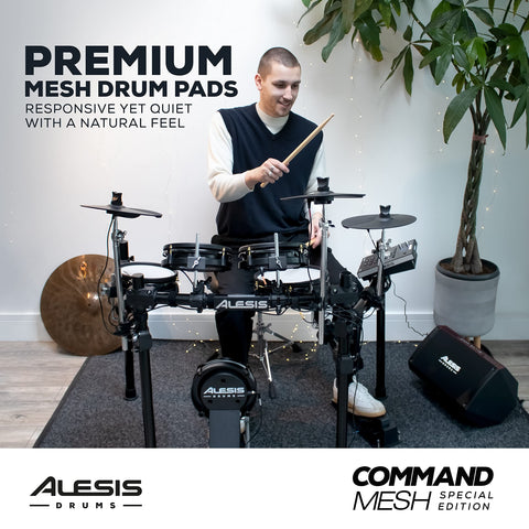 Man playing Command Mesh SE Electronic Drum Kit With Quiet Dual Zone Mesh Pads USB MIDI Connectivity and 600 plus drum sounds