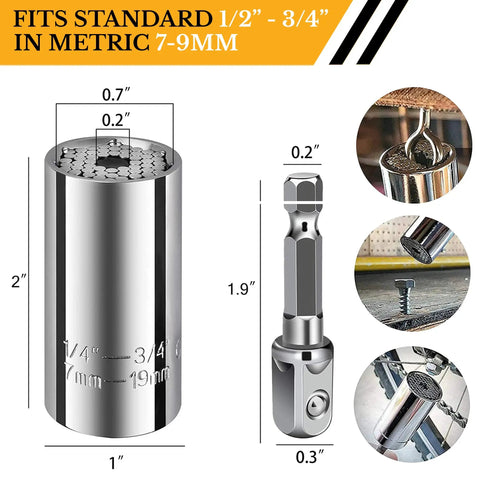 Universal Socket Tool Gift Set For Men Stocking Stuffers And Dad Gifts Perfect For DIY Fans And Dope Gadget Geeks White Elephant Friendly Christmas Gift For Him Boyfriend Husband; silver universal socket tool with various bolt fittings on display.