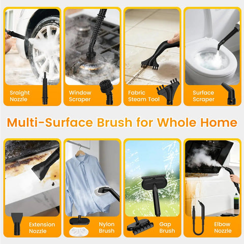 1200W Handheld Steam Cleaner Heats Up In Just 10 Seconds For A Straight Up No Hassle Deep Clean Knocking Out Bathroom Grout And Kitchen Grease With Adjustable Settings For A Quick Home Refresh That Delivers: Various nozzles and brushes for versatile cleaning.