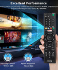 Universal Remote Replacement For Bravia Smart LCD LED HDTVs With Netflix Shortcut Buttons held in front of a TV