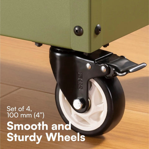 Heavy Duty Caster Wheels With Brakes For Carts And Furniture, 4 Pack Black Casters with close-up on swivel head and brake lever
