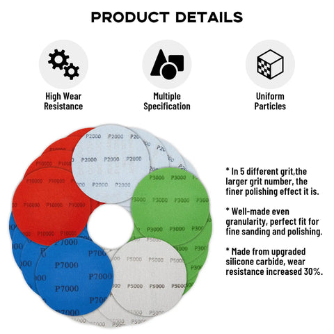 Water Grit Sandpaper Kit With 5 Inch Backing Pad And 20 Wet Dry Discs In 2000 3000 5000 7000 10000 Grit shown in product details