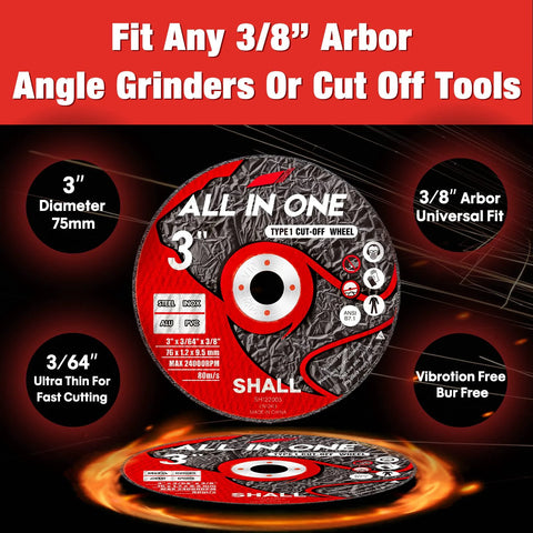 SHALL 3-inch cut-off wheel for angle grinders, front view, 3/8" arbor, 3/64" thick, 25-pack