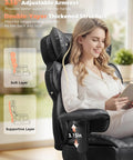 Woman seated comfortably in Big And Tall Office Chair With Upgrade Footrest For All Day Comfort, highlighting adjustable armrest.