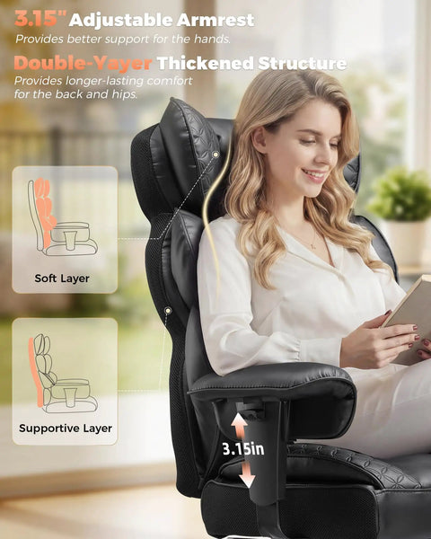 Woman seated comfortably in Big And Tall Office Chair With Upgrade Footrest For All Day Comfort, highlighting adjustable armrest.