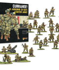 Box and arranged figures of Bolt Action Currahee Us Airborne D Day Starter Army Miniatures Set for WWII tabletop wargaming.