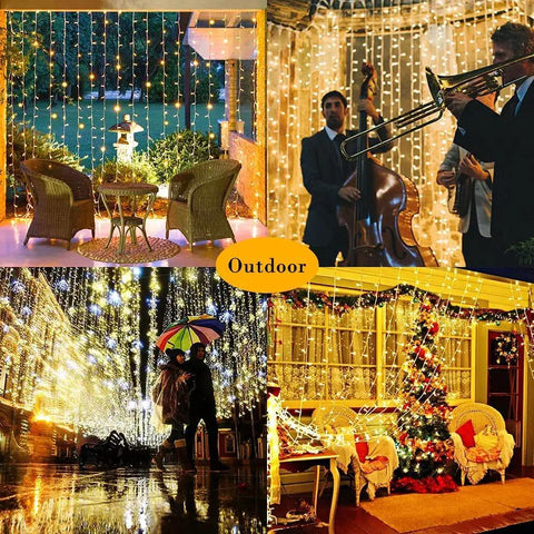 Outdoor scenes with Solar Curtain Lights For Outdoors 2 Pack 300 LED Fairy String Lights With Remote Waterproof Waterfall Style