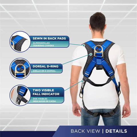 Back view of Fall Protection Five Point Safety Harness with dorsal D-ring, sewn-in back pads, and visible fall indicator.