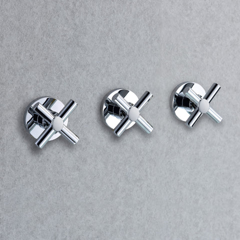 Chrome wall mount tub filler handles for waterfall faucet with handheld shower installation, 1/2 inch NPT threads, ICC ES PMG certified.