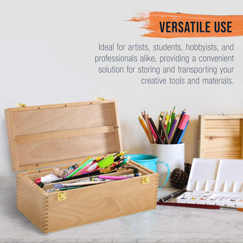 Durable Wooden Art Box With Locking Clasps And Removable Tray, Multi Function Tool Organizer For Brushes Pencils Erasers And Craft Supplies