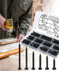 155 Piece Black Oxide Wood And Drywall Screw Assortment Kit With Phillips Countersunk Heads for easy screwing into wood.