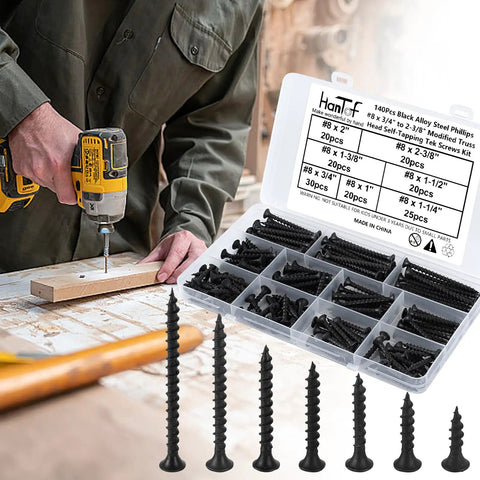 155 Piece Black Oxide Wood And Drywall Screw Assortment Kit With Phillips Countersunk Heads for easy screwing into wood.
