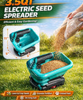 Cordless Electric Fertilizer And Seed Spreader For Lawns No Sweat 3.5Qt Capacity with seeds spilling into the hopper