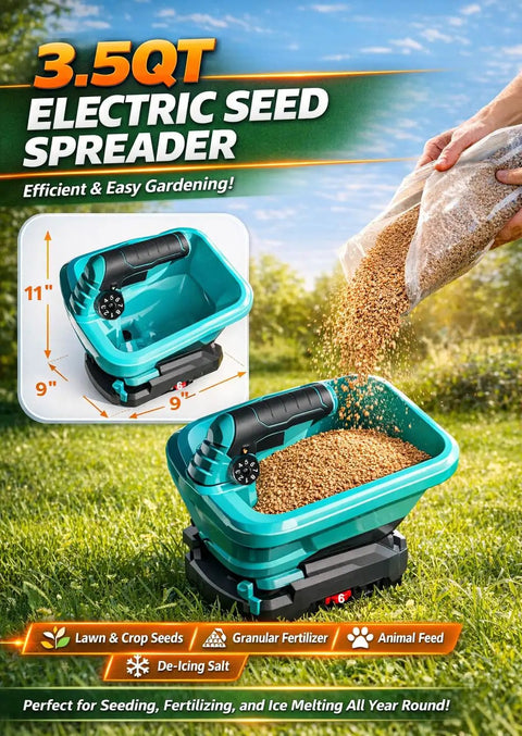 Cordless Electric Fertilizer And Seed Spreader For Lawns No Sweat 3.5Qt Capacity with seeds spilling into the hopper