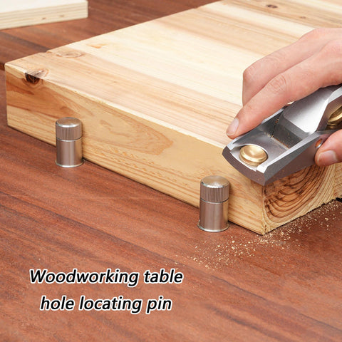 Pair Of Stainless Steel Table Positioning Pins For Woodworking Workbench Clamps Quick Lock Expansion Pins For Stable Stool Dogs Tool Free Setup For Fast Configurations in use on wooden workbench