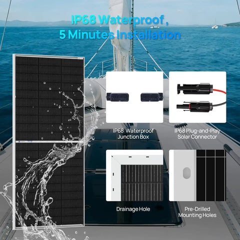 N-Type 18BB Bifacial Solar Panels, 2 Pack, 195W 12V Monocrystalline on boat with waterproof box and connector details