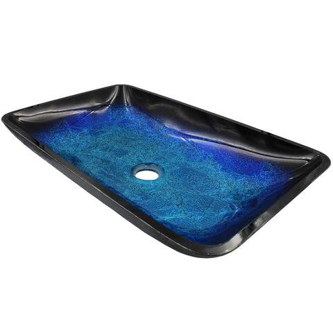 Fresca Blue And Black Glass Vessel Sink Rectangular Hand Painted Glass Vessel For Above Counter Install 21.75 X 14 X 3.5 Inches High Tempered Stain And Scratch Resistant Polished Interior Finish.