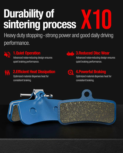 Ceramic Disc Brake Pads For Ebikes And Electric Dirt Bikes showing durability and performance benefits against black background.