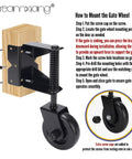 Image showing the installation of a Spring-Loaded Gate Caster Kit For Wooden And PVC Fences Beefed-Up Heavy-Duty Outdoor Rolling Fence Support Wheels 4.3-Inch Black Casters Left And Right Pair Durable Hardware For Easy Gate Movement 2 Pack.
