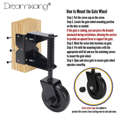 Image showing the installation of a Spring-Loaded Gate Caster Kit For Wooden And PVC Fences Beefed-Up Heavy-Duty Outdoor Rolling Fence Support Wheels 4.3-Inch Black Casters Left And Right Pair Durable Hardware For Easy Gate Movement 2 Pack.