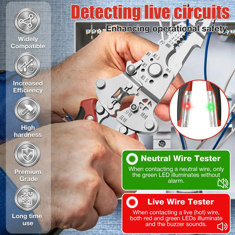 16 In 1 Folding Wire Stripper And Electrician Multi Tool Heavy Duty Pliers With Voltage Tester 12 To 250V For Quick Stripping And Cutting Crimping And Twisting On The Job Pocket Sized Everyday Carry Pro Grade, used on live wire test