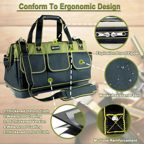 Heavy Duty 20 Inch Tool Bag With Waterproof Molded Base For Builders And DIYers Wide Mouth Tote showing features like zippers and fabric.