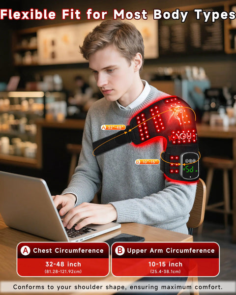 Man using Cordless Red Light Therapy Shoulder Wrap With Vibration Massage And Heated Pad 5000mAh Rechargeable Massager in a cafe