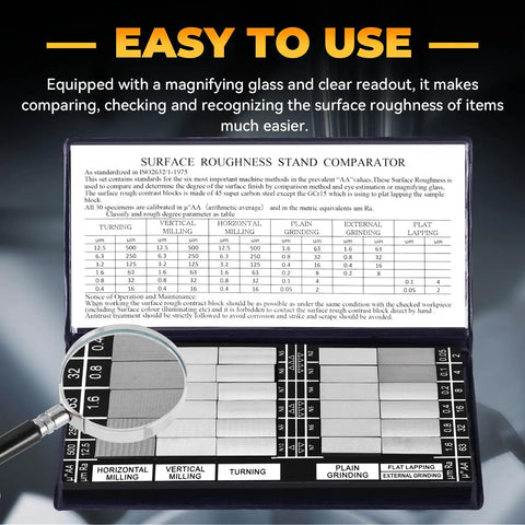 Surface Roughness Standards Kit With 30 Comparators And 5X Magnifying Glass, Ra0.05-12.5mm Range, Precision Finish Gauge For Lathe Machining, Manufacturing, And Shop Training, Easy Compare And Quality Check, open case with roughness samples