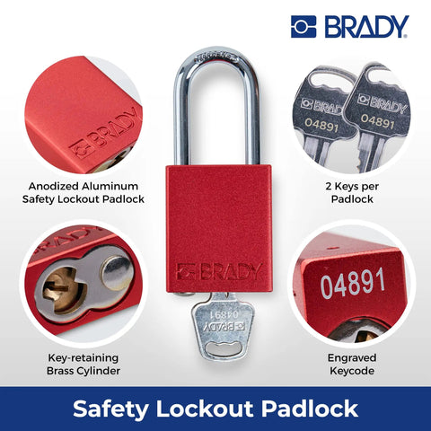 Red Keyed Different Lockout Padlock Set For OSHA Safety Lockout Tagout Kit With anodized aluminum body and two keys.