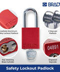 Red Lockout Padlock Set 12 Pack Keyed Alike Safety Padlocks For Lockout Tagout Aluminum Bodies With Steel Shackles Key Retaining Brass Cylinders OSHA Compliant image showing padlock details and keys.